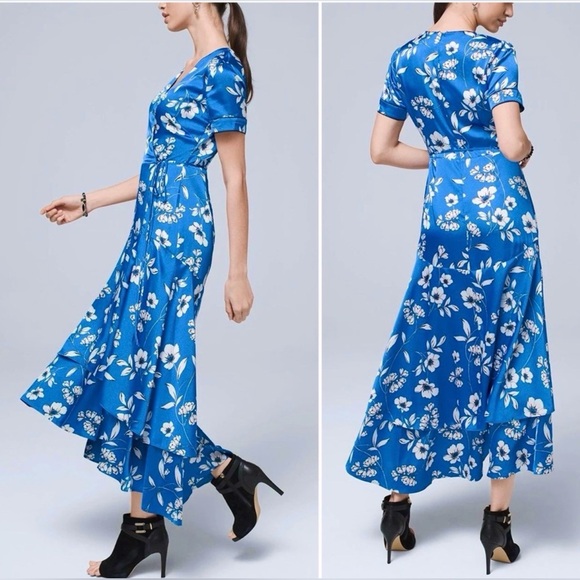 White House Black Market Satin Floral Print Faux Wrap Midi Dress Lined size 0 - Picture 3 of 12